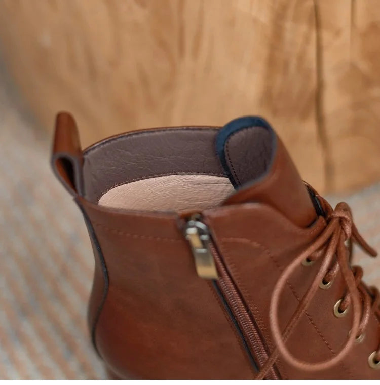 Lace-Up Leather Heeled Ankle Boots
