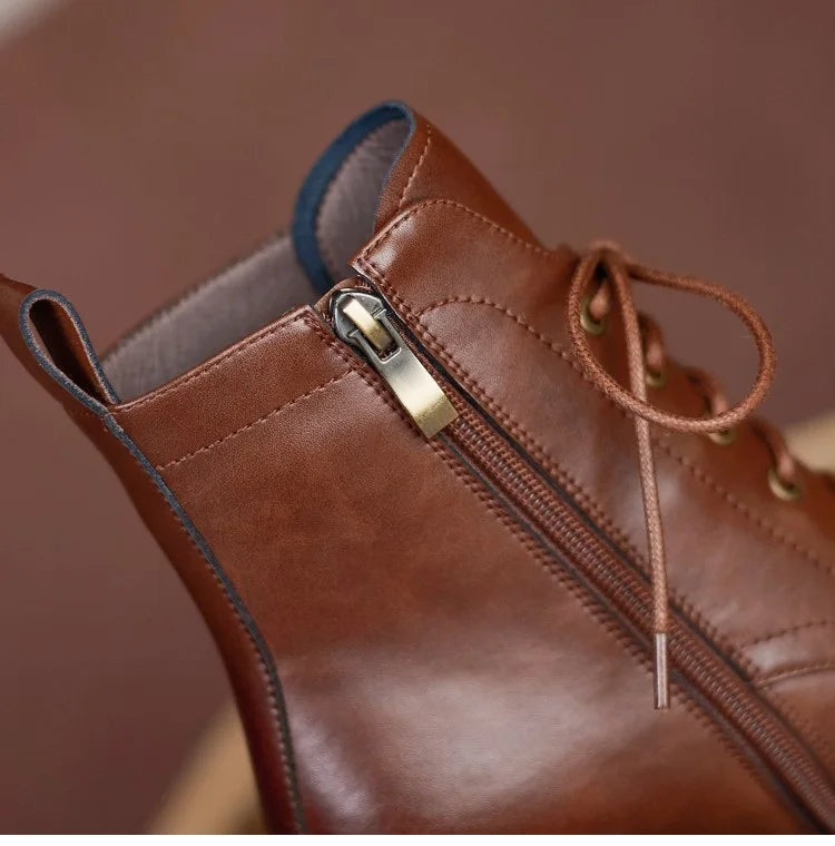 Lace-Up Leather Heeled Ankle Boots