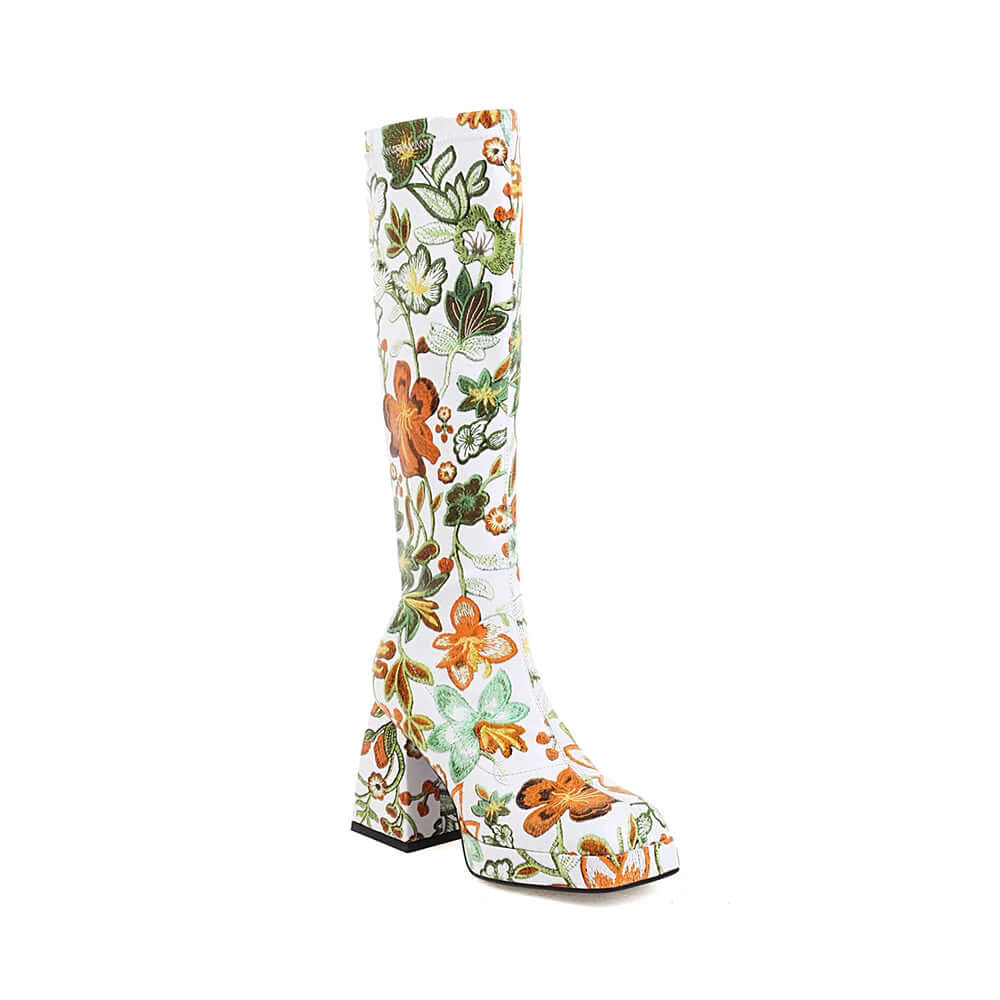 Floral Knee High Platform Boots with Block Heel