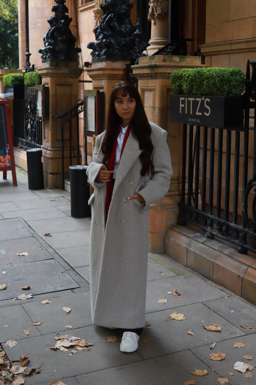 Oversized Long Teddy Coat With Back Slit - Light Grey
