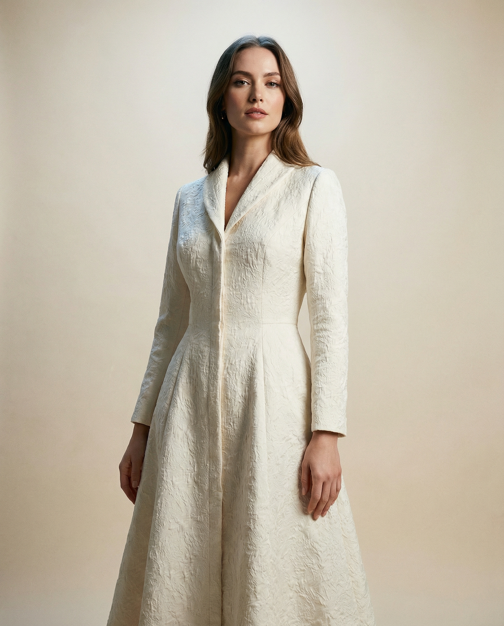 Ivory Structured Coat Dress with Bias-Cut Shawl Collar