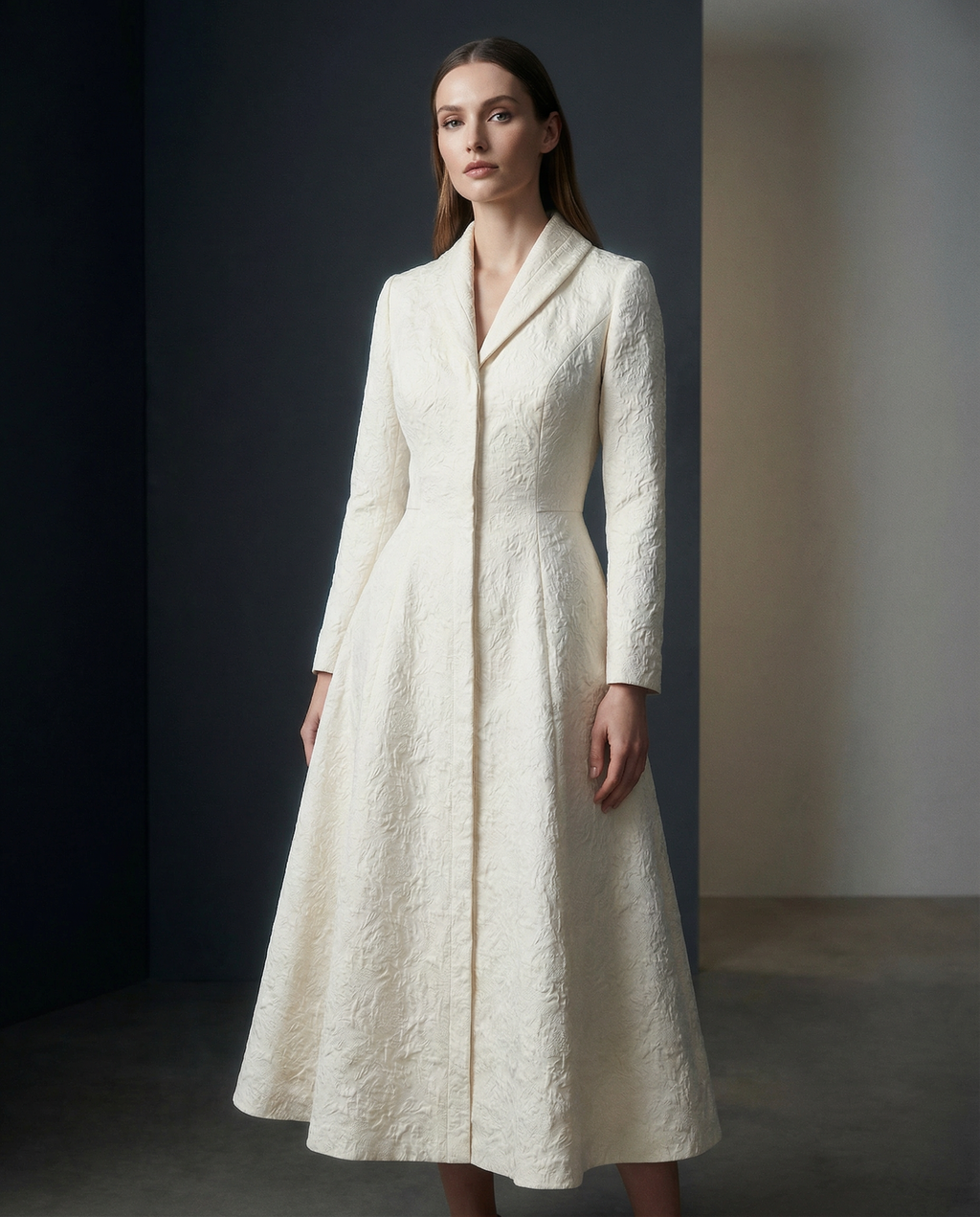 Ivory Structured Coat Dress with Bias-Cut Shawl Collar