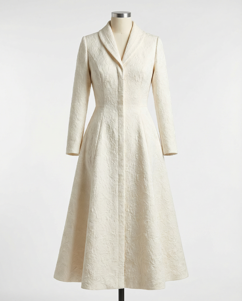 Ivory Structured Coat Dress with Bias-Cut Shawl Collar
