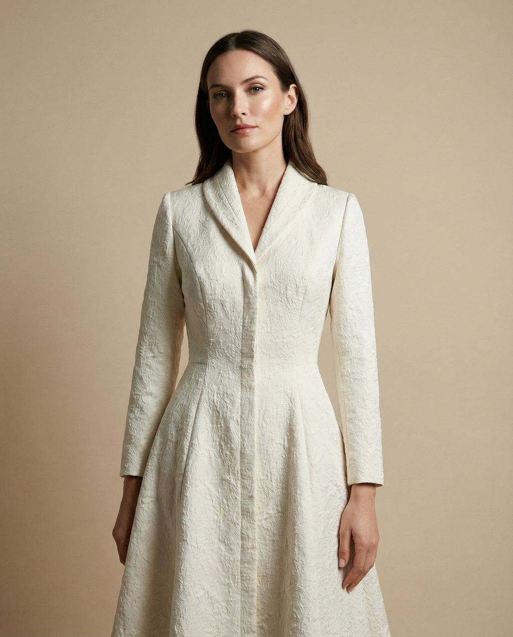 Ivory Structured Coat Dress with Bias-Cut Shawl Collar