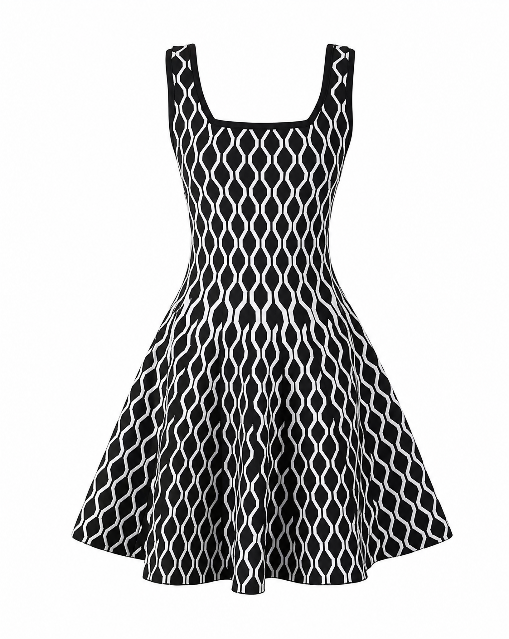 Zalinah White Knitted Fit & Flare Black and Ivory Geometric Mini Dress