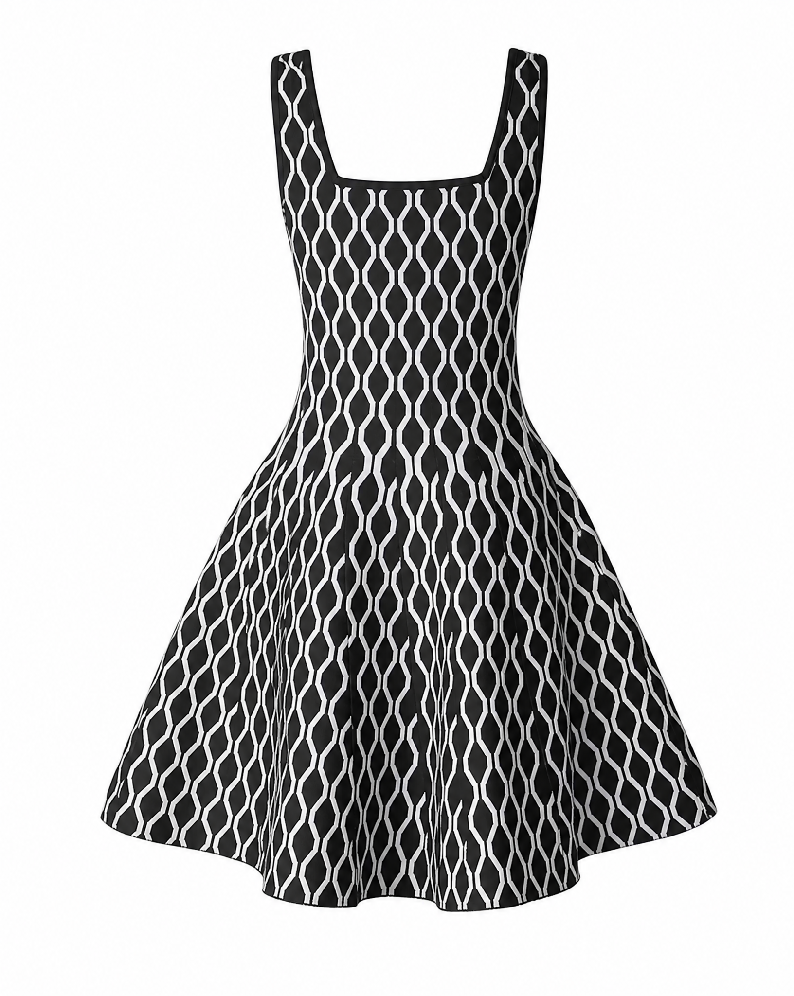 Zalinah White Knitted Fit & Flare Black and Ivory Geometric Mini Dress