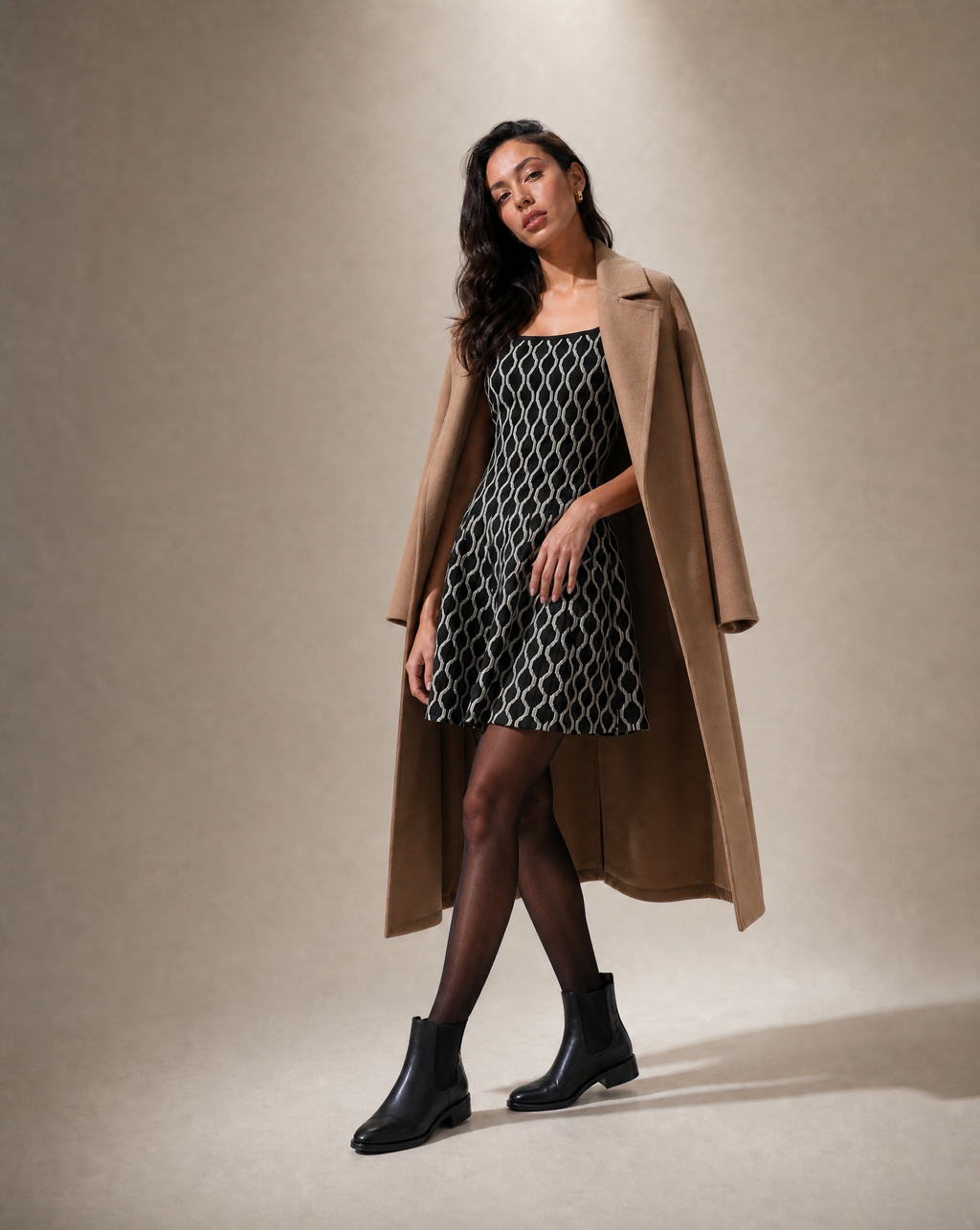 Zalinah White Knitted Fit & Flare Black and Ivory Geometric Mini Dress