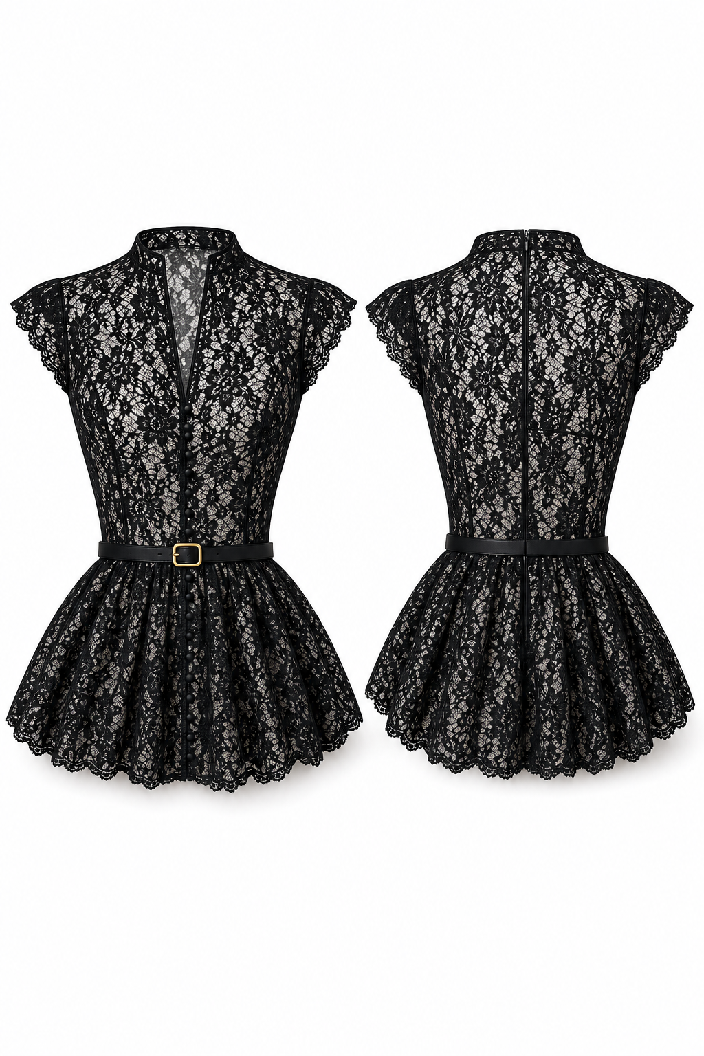 Lace Peplum Top with Belt and Pearl Buttons