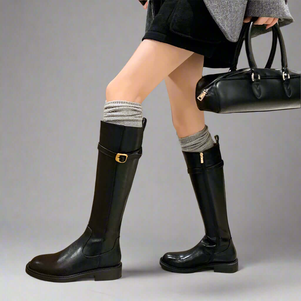 Leather Knee-High Riding Boots with Side Buckle & Flat Sole – Round Toe