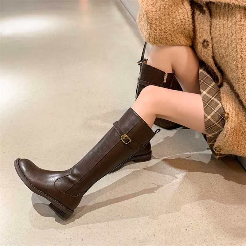 Leather Knee-High Riding Boots with Side Buckle & Flat Sole – Round Toe