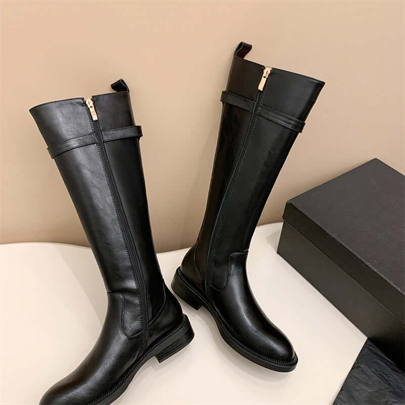 Leather Knee-High Riding Boots with Side Buckle & Flat Sole – Round Toe