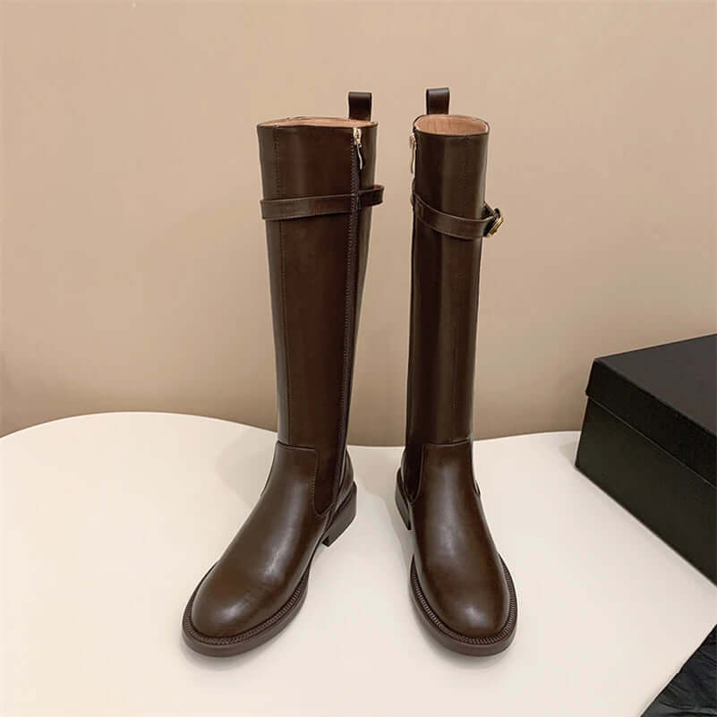 Leather Knee-High Riding Boots with Side Buckle & Flat Sole – Round Toe