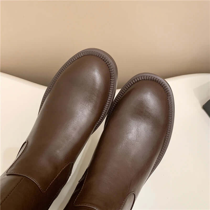 Leather Knee-High Riding Boots with Side Buckle & Flat Sole – Round Toe