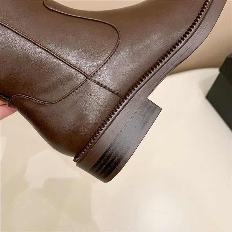 Leather Knee-High Riding Boots with Side Buckle & Flat Sole – Round Toe