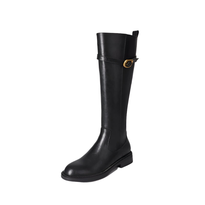 Leather Knee-High Riding Boots with Side Buckle & Flat Sole – Round Toe