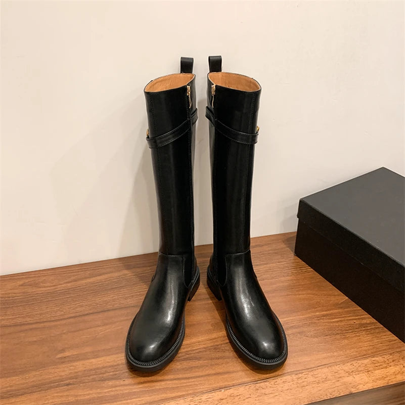 Leather Knee-High Riding Boots with Side Buckle & Flat Sole – Round Toe