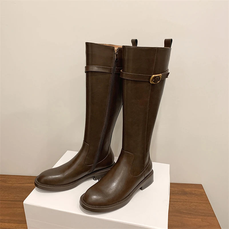 Leather Knee-High Riding Boots with Side Buckle & Flat Sole – Round Toe4
