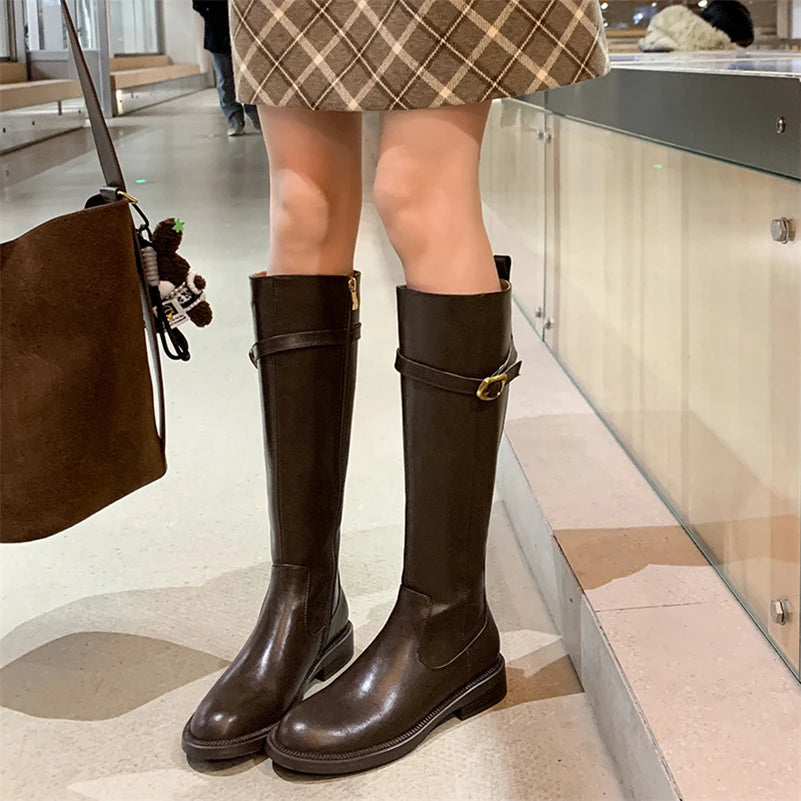 Leather Knee-High Riding Boots with Side Buckle & Flat Sole – Round Toe