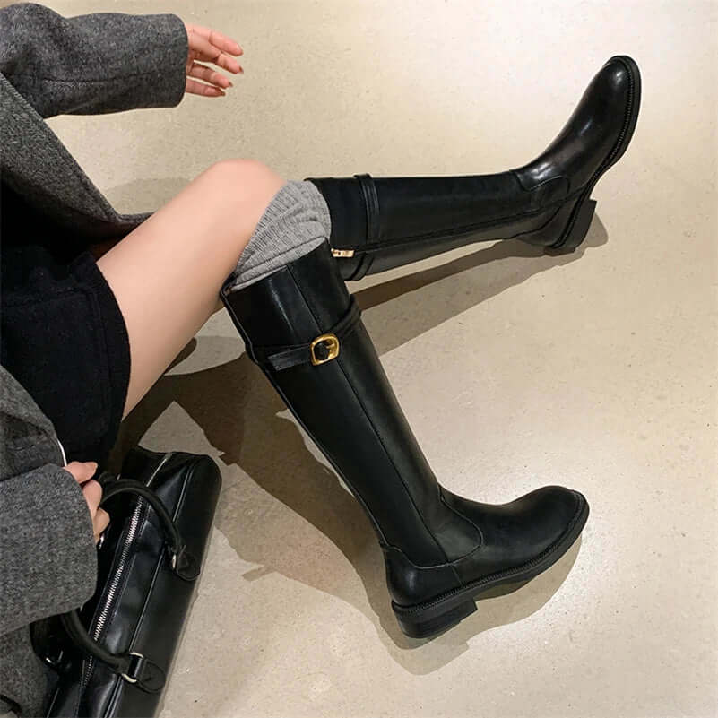 Leather Knee-High Riding Boots with Side Buckle & Flat Sole – Round Toe