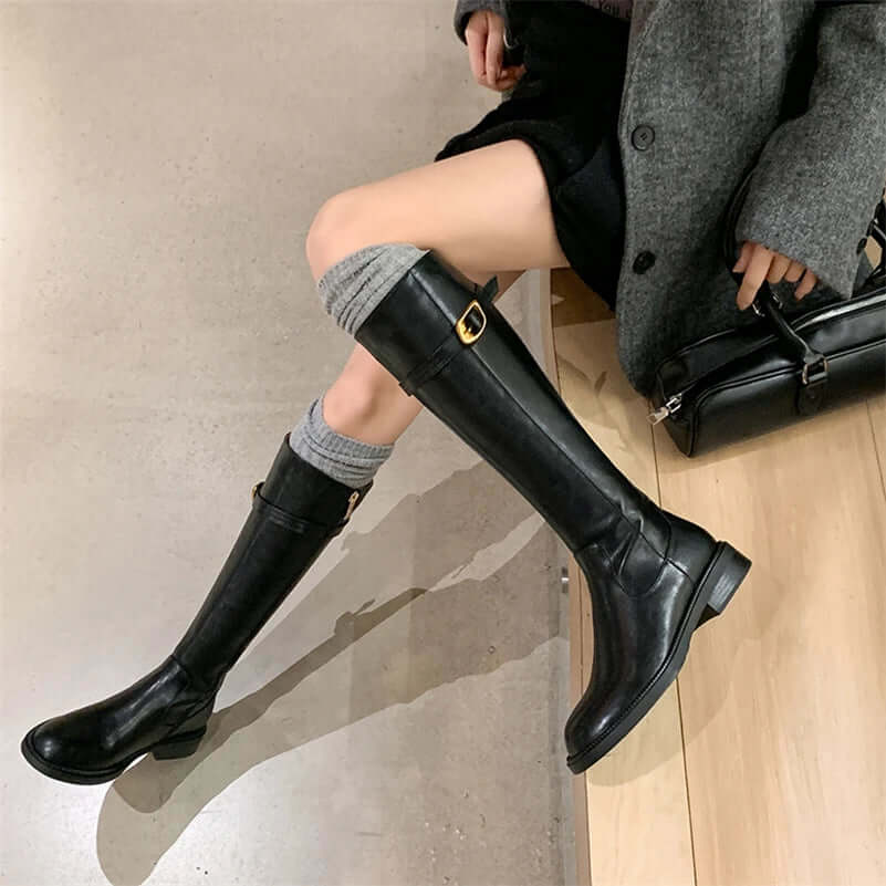 Leather Knee-High Riding Boots with Side Buckle & Flat Sole – Round Toe