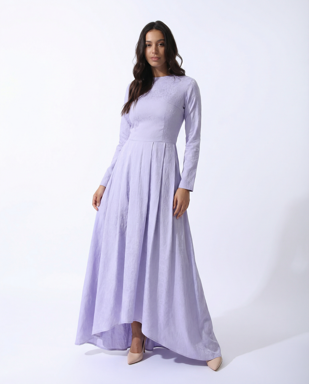 Long Sleeve Jacquard Maxi with Pleated Skirt