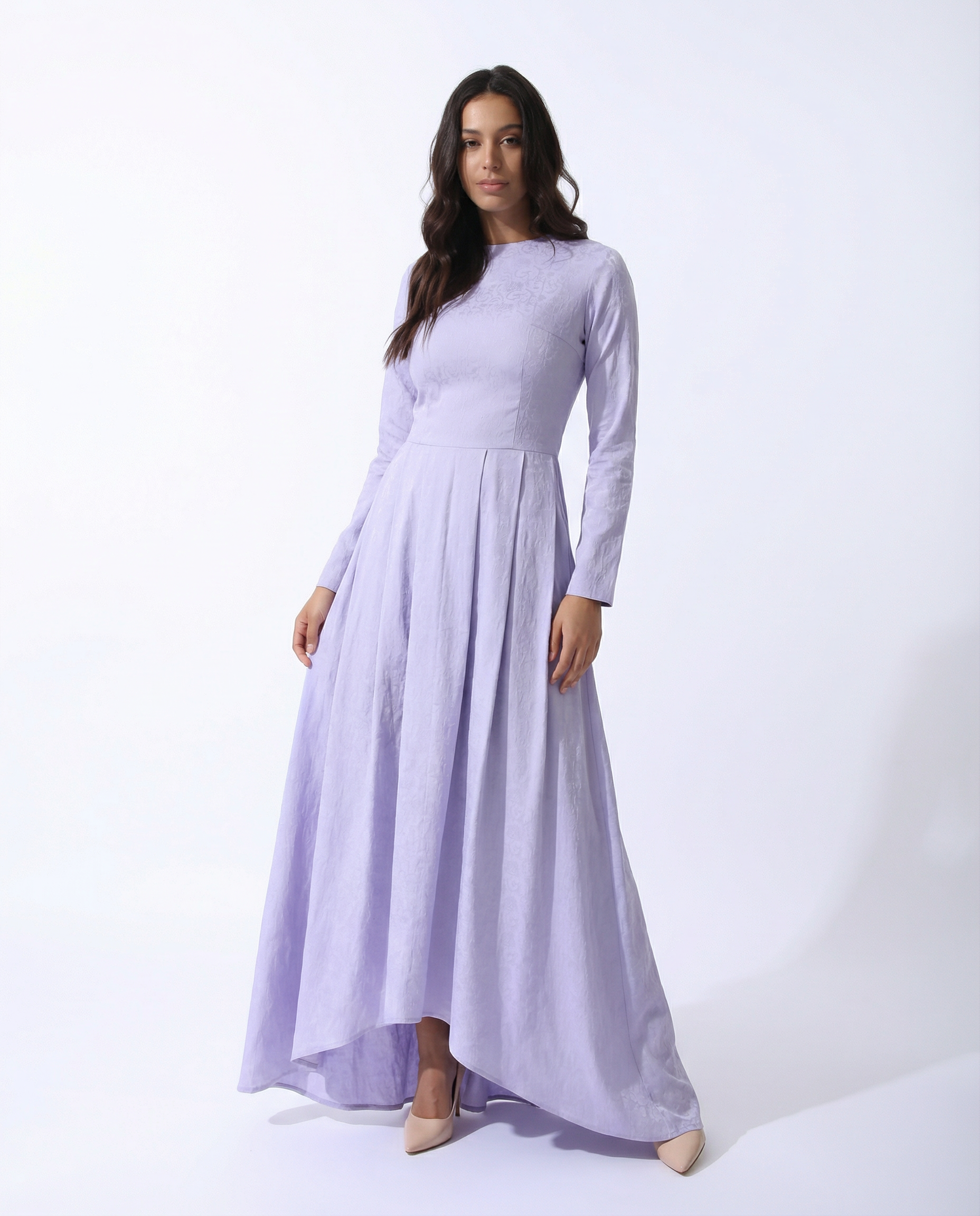 Long Sleeve Jacquard Maxi with Pleated Skirt