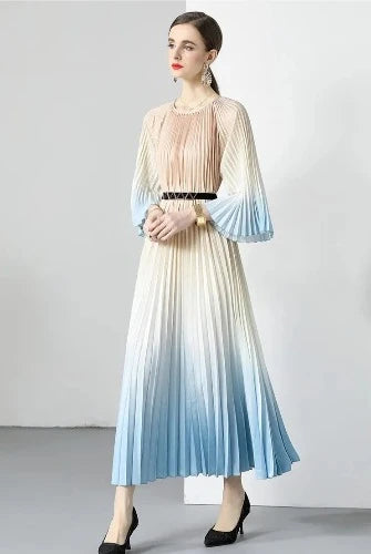 Ombre Pleated Midi with Three Quarter Sleeves and a Belt  - Natural Blue