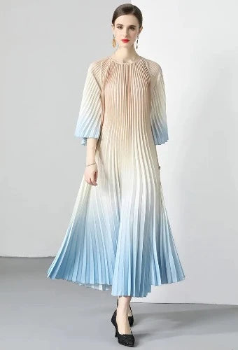 Ombre Pleated Midi with Three Quarter Sleeves and a Belt  - Natural BlueOmbre Pleated Midi with Three Quarter Sleeves and a Belt  - Natural Blue