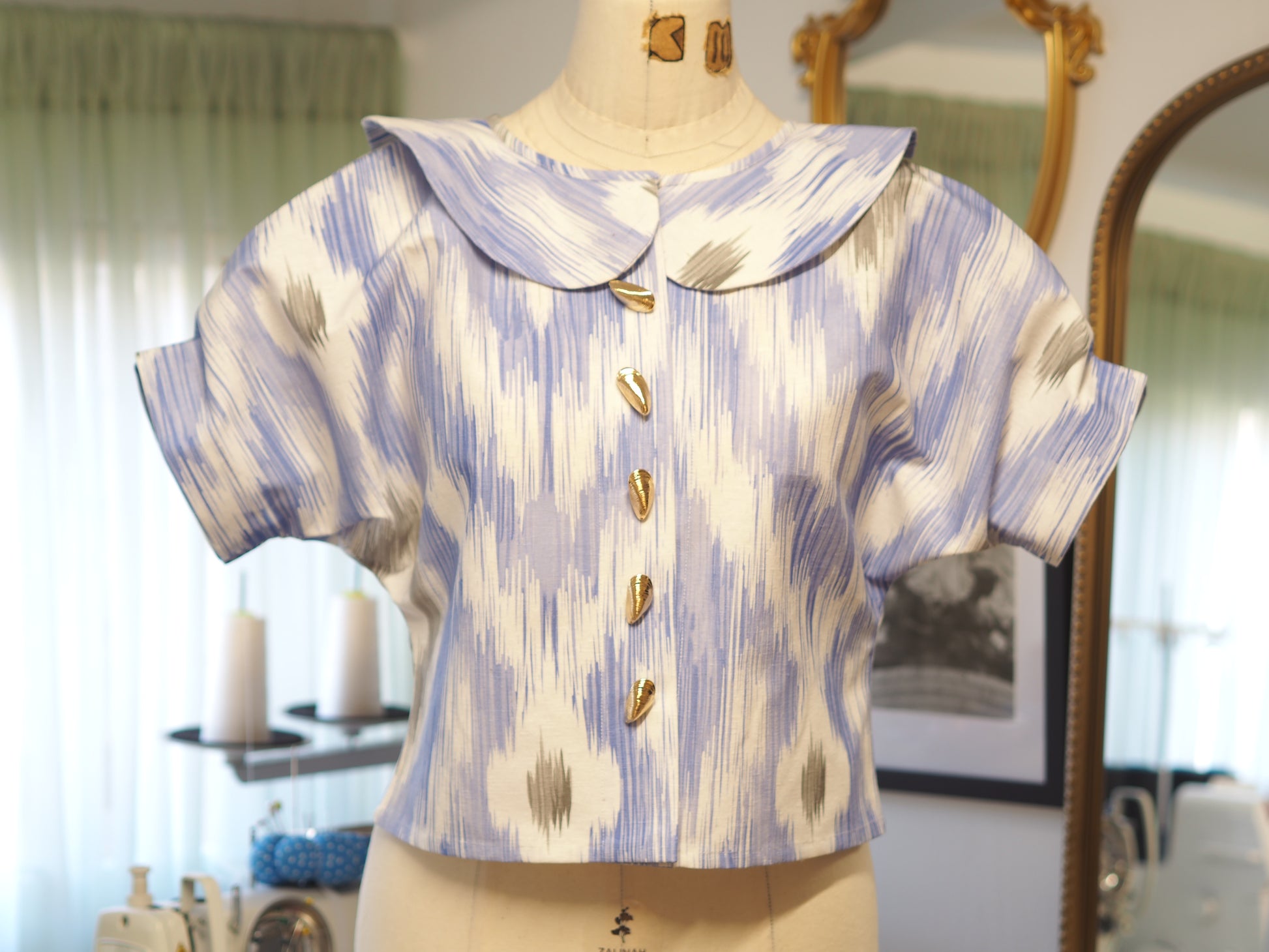 Puffy Sleeve Crop Jacket – Rimini Ikat Fabric with Gold Seashell Buttons