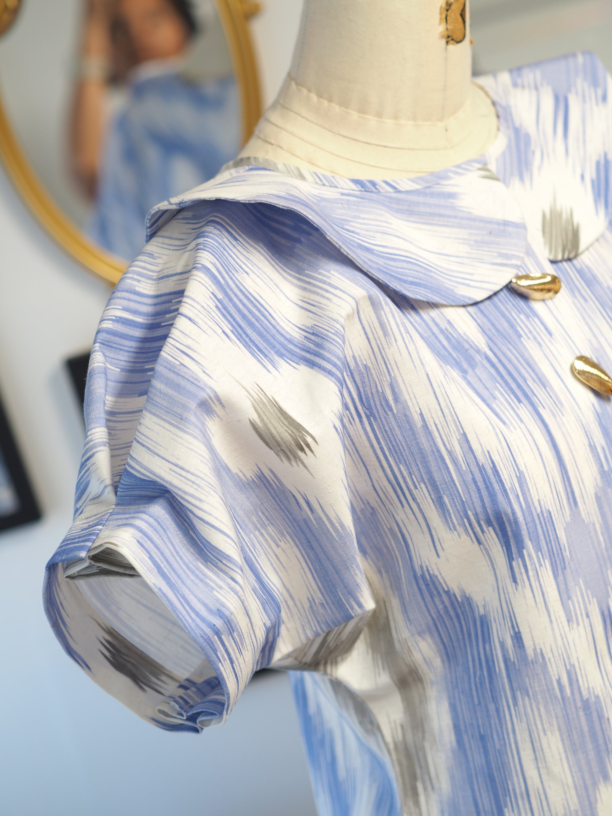 Puffy Sleeve Crop Jacket – Rimini Ikat Fabric with Gold Seashell Buttons