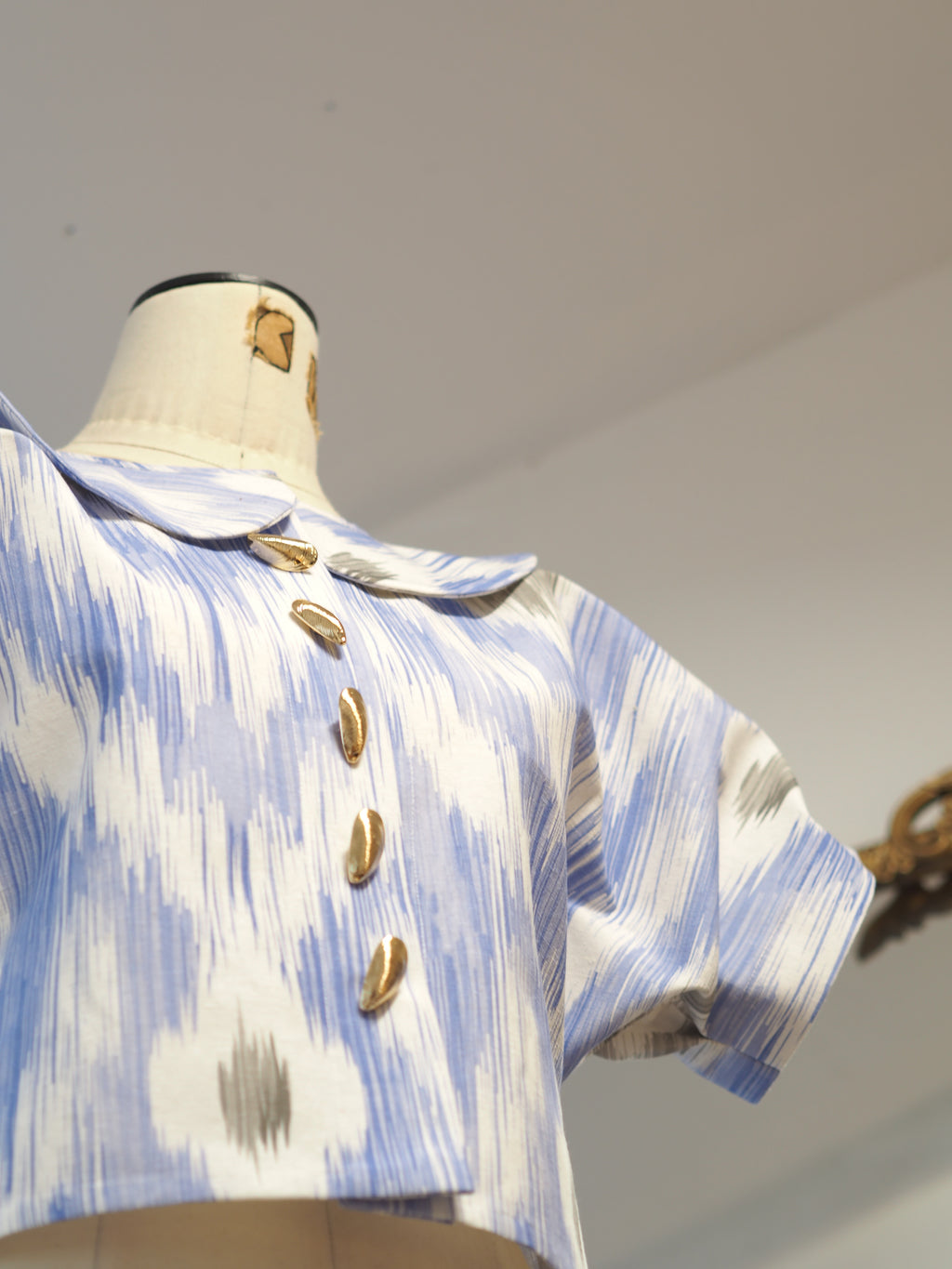 Puffy Sleeve Crop Jacket – Rimini Ikat Fabric with Gold Seashell Buttons