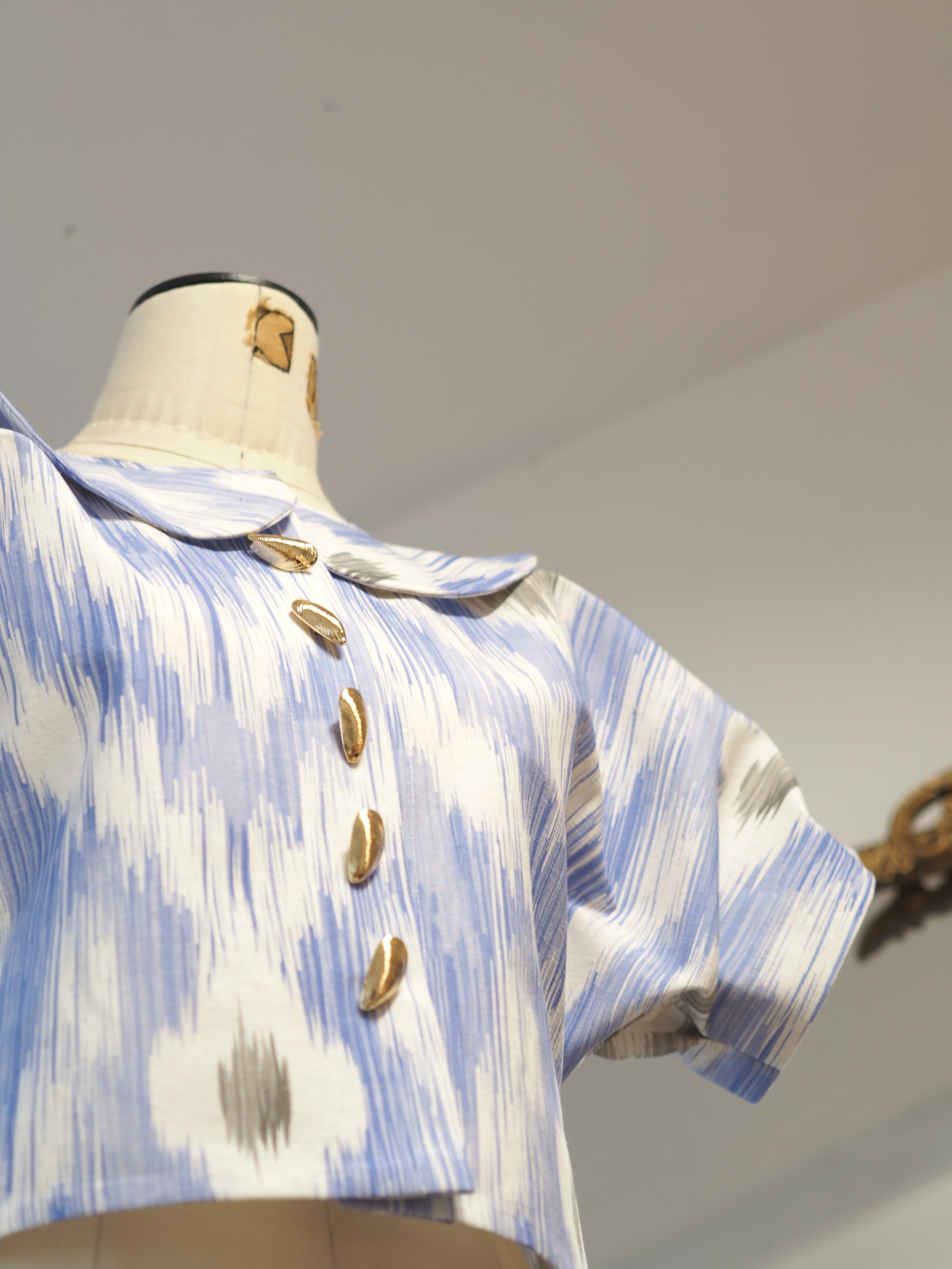 Puffy Sleeve Crop Jacket – Rimini Ikat Fabric with Gold Seashell Buttons