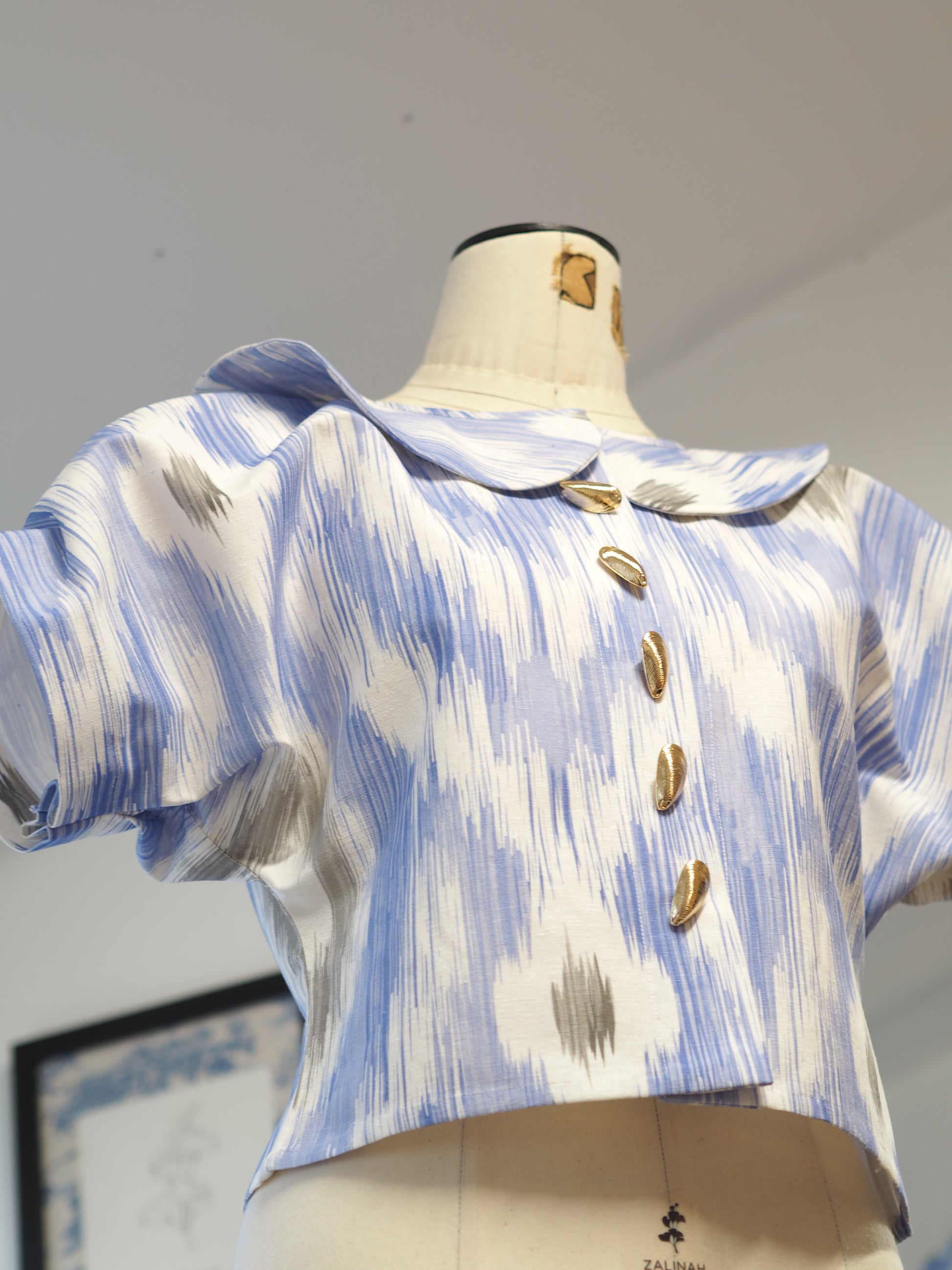 Puffy Sleeve Crop Jacket – Rimini Ikat Fabric with Gold Seashell Buttons