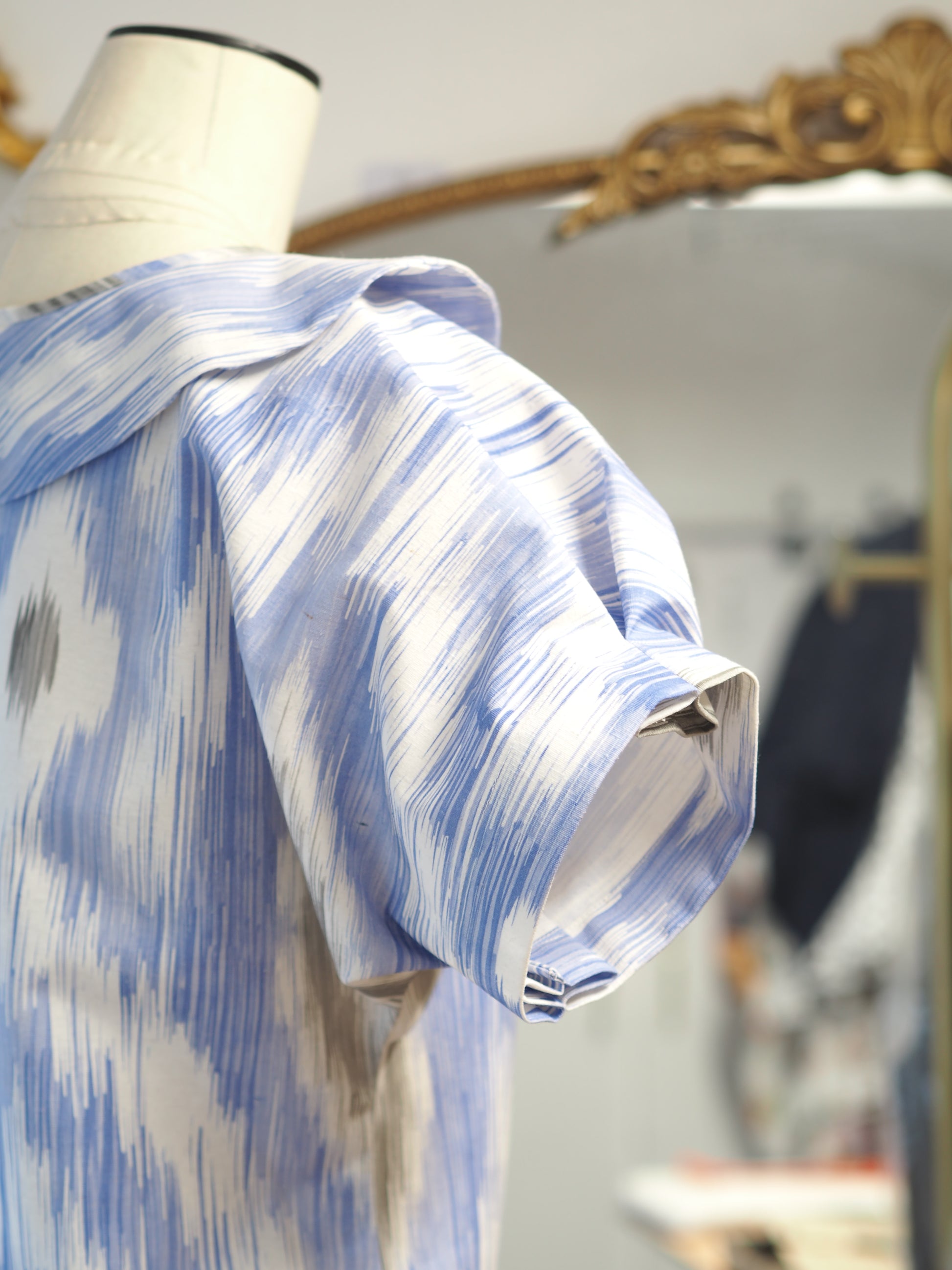 Puffy Sleeve Crop Jacket – Rimini Ikat Fabric with Gold Seashell Buttons