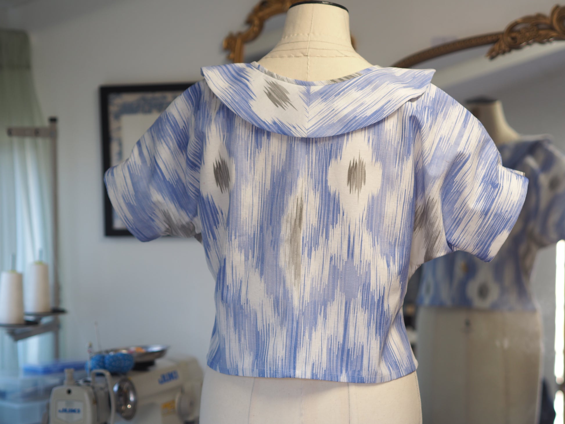Puffy Sleeve Crop Jacket – Rimini Ikat Fabric with Gold Seashell Buttons