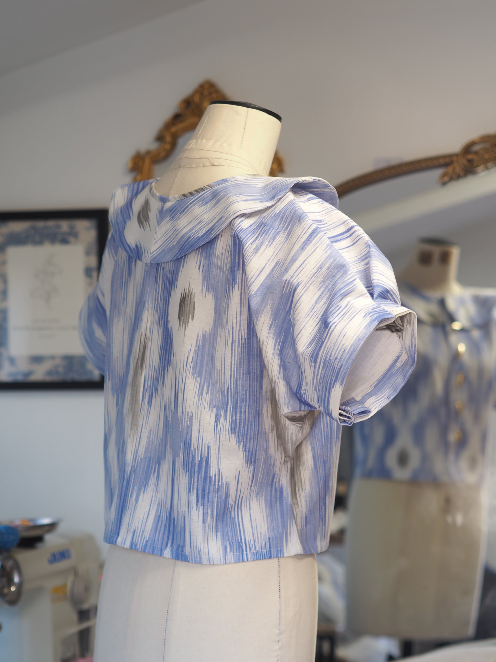 Puffy Sleeve Crop Jacket – Rimini Ikat Fabric with Gold Seashell Buttons