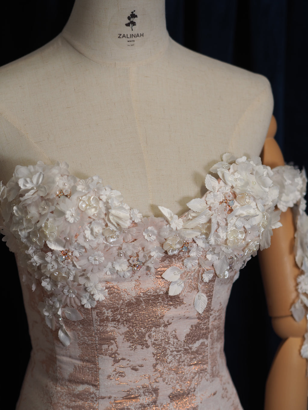 Rose Gold Metallic Jacquard Corset & Pleated Skirt Coord – Embellished 3D Floral Bustier