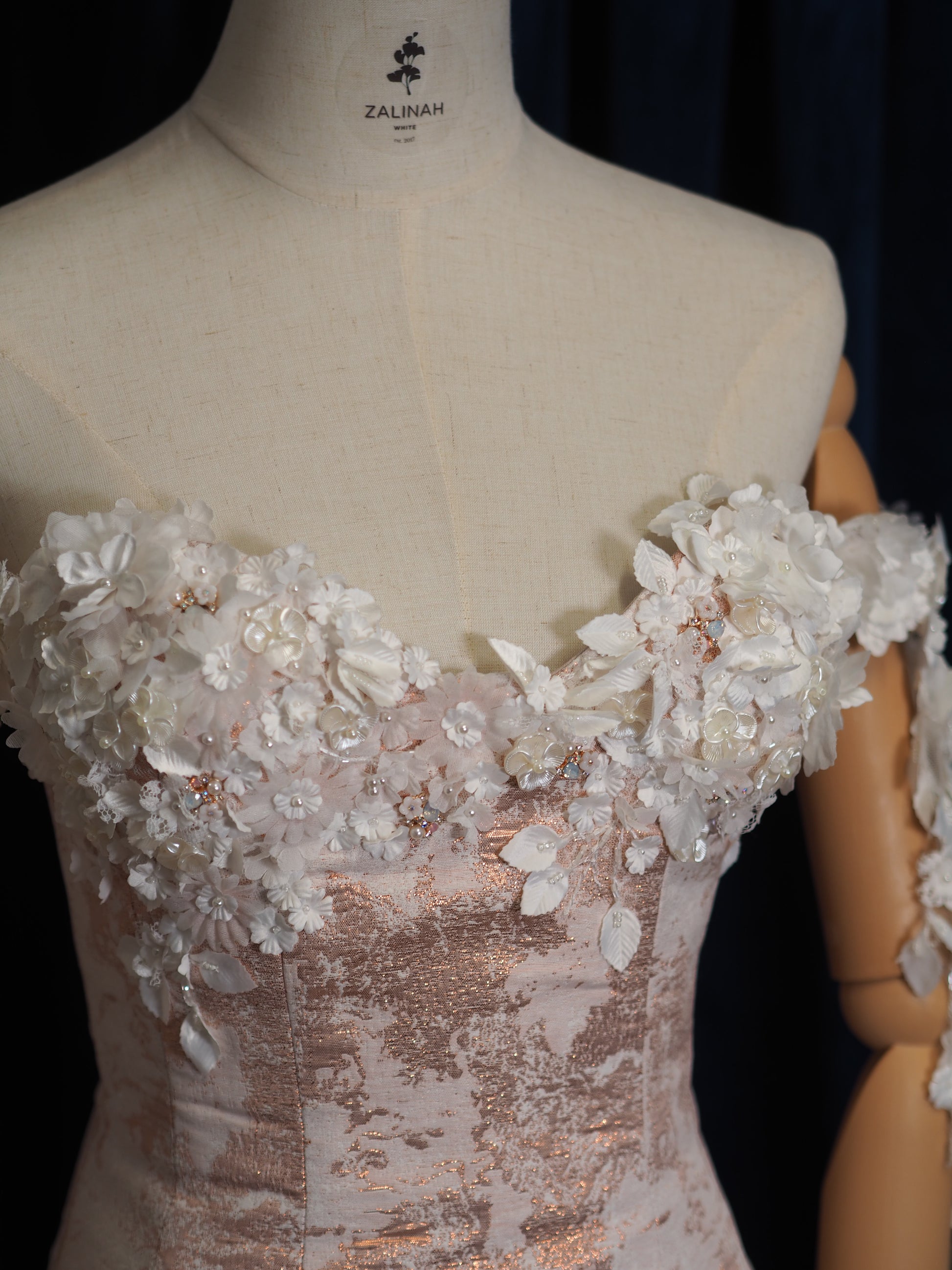 Rose Gold Metallic Jacquard Corset & Pleated Skirt Coord – Embellished 3D Floral Bustier