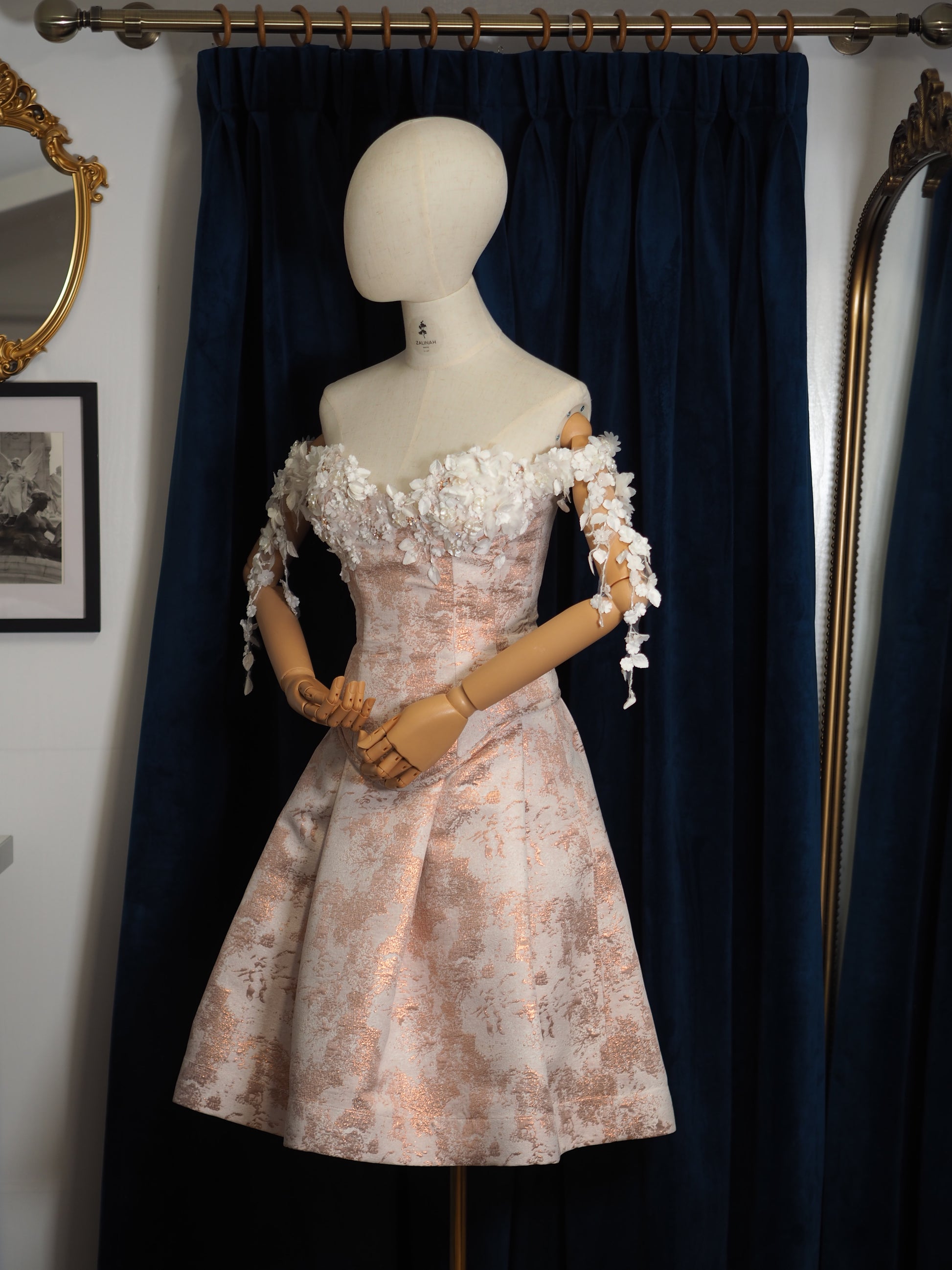 dressmaker london Rose Gold Metallic Jacquard Corset & Pleated Skirt Coord – Embellished 3D Floral Bustier