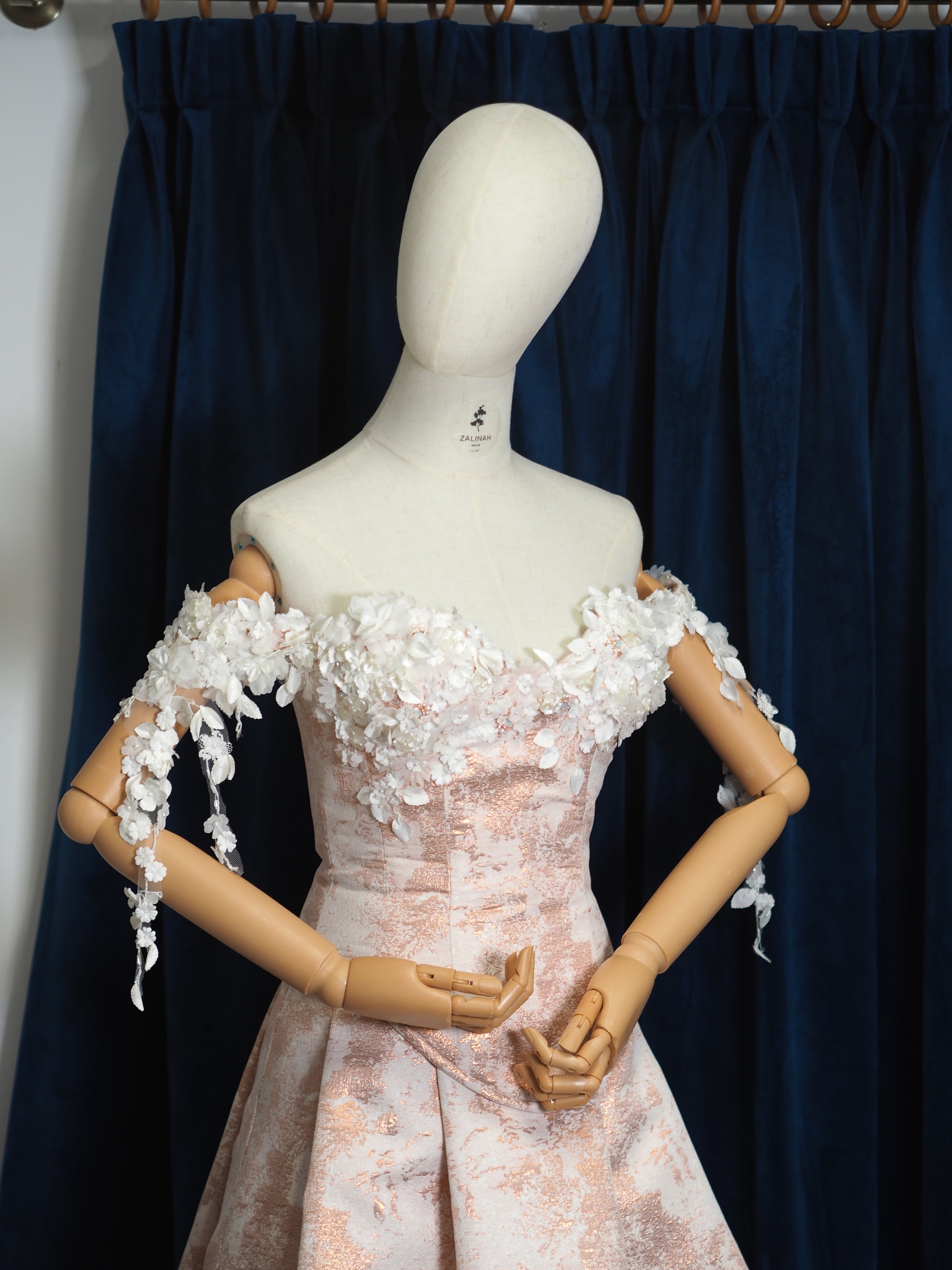 custom corset london Rose Gold Metallic Jacquard Corset & Pleated Skirt Coord – Embellished 3D Floral Bustier 