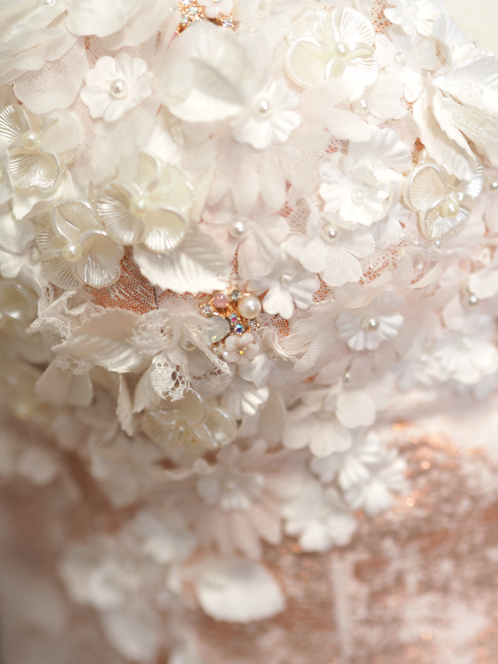 Rose Gold Metallic Jacquard Corset & Pleated Skirt Coord – Embellished 3D Floral Bustier