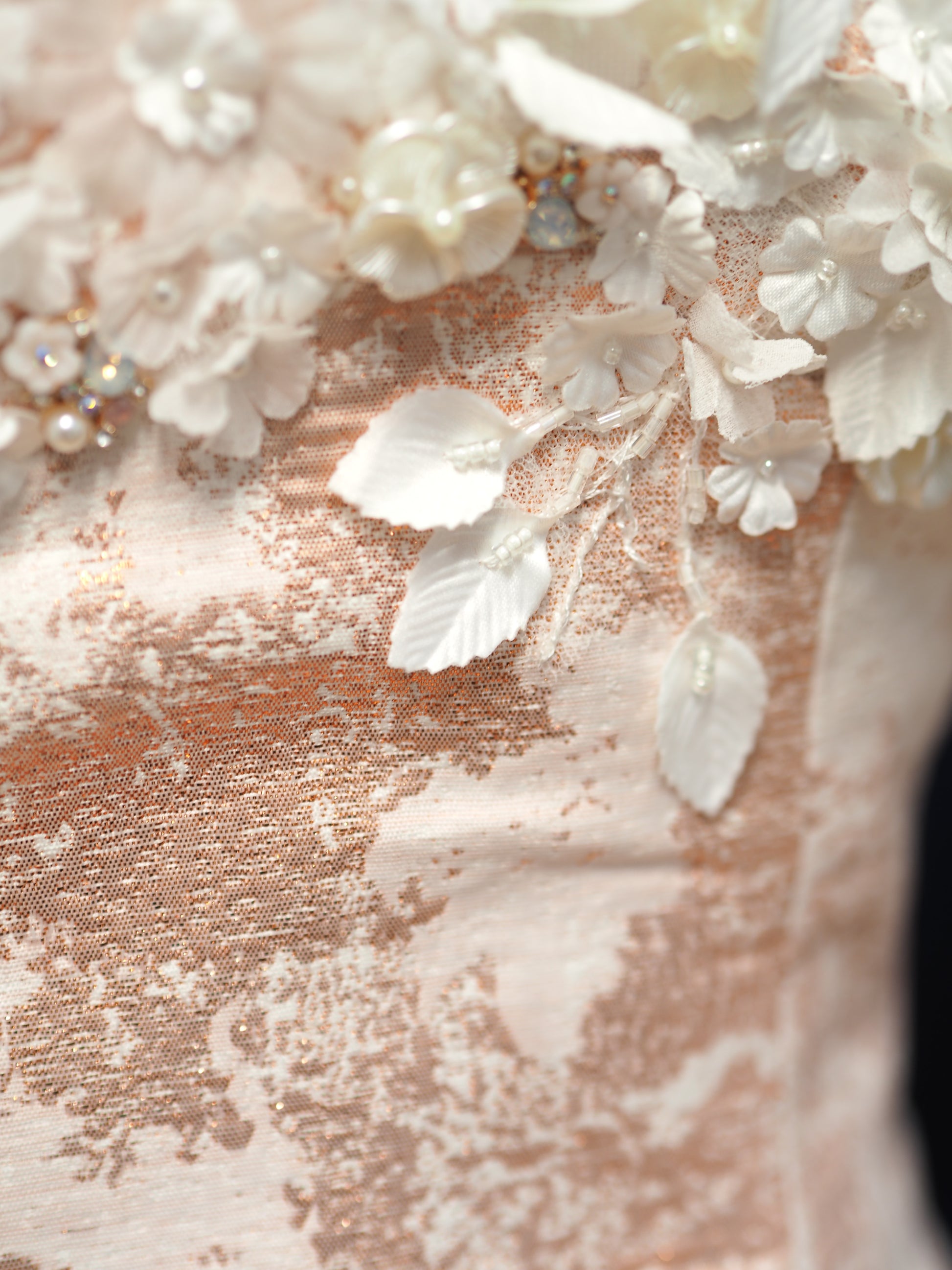 Rose Gold Metallic Jacquard Corset & Pleated Skirt Coord – Embellished 3D Floral Bustier