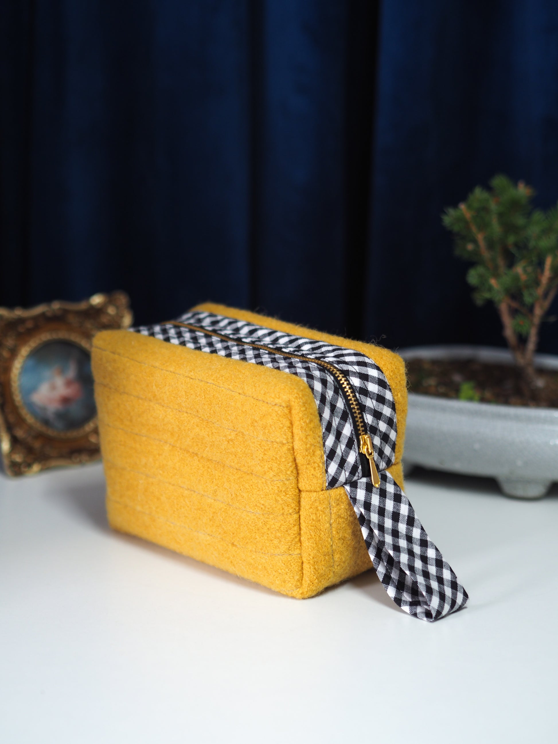 Mustard Yellow Wool Makeup Bag with Gingko Leaf Embroidery