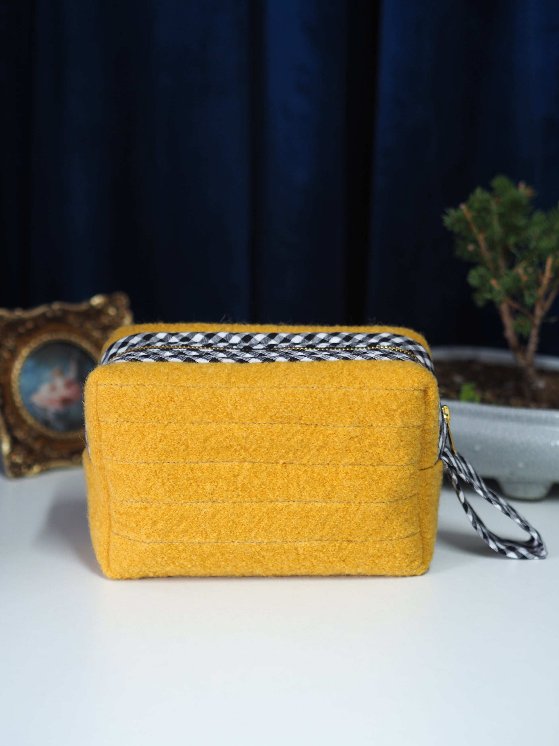 Mustard Yellow Wool Makeup Bag with Gingko Leaf Embroidery
