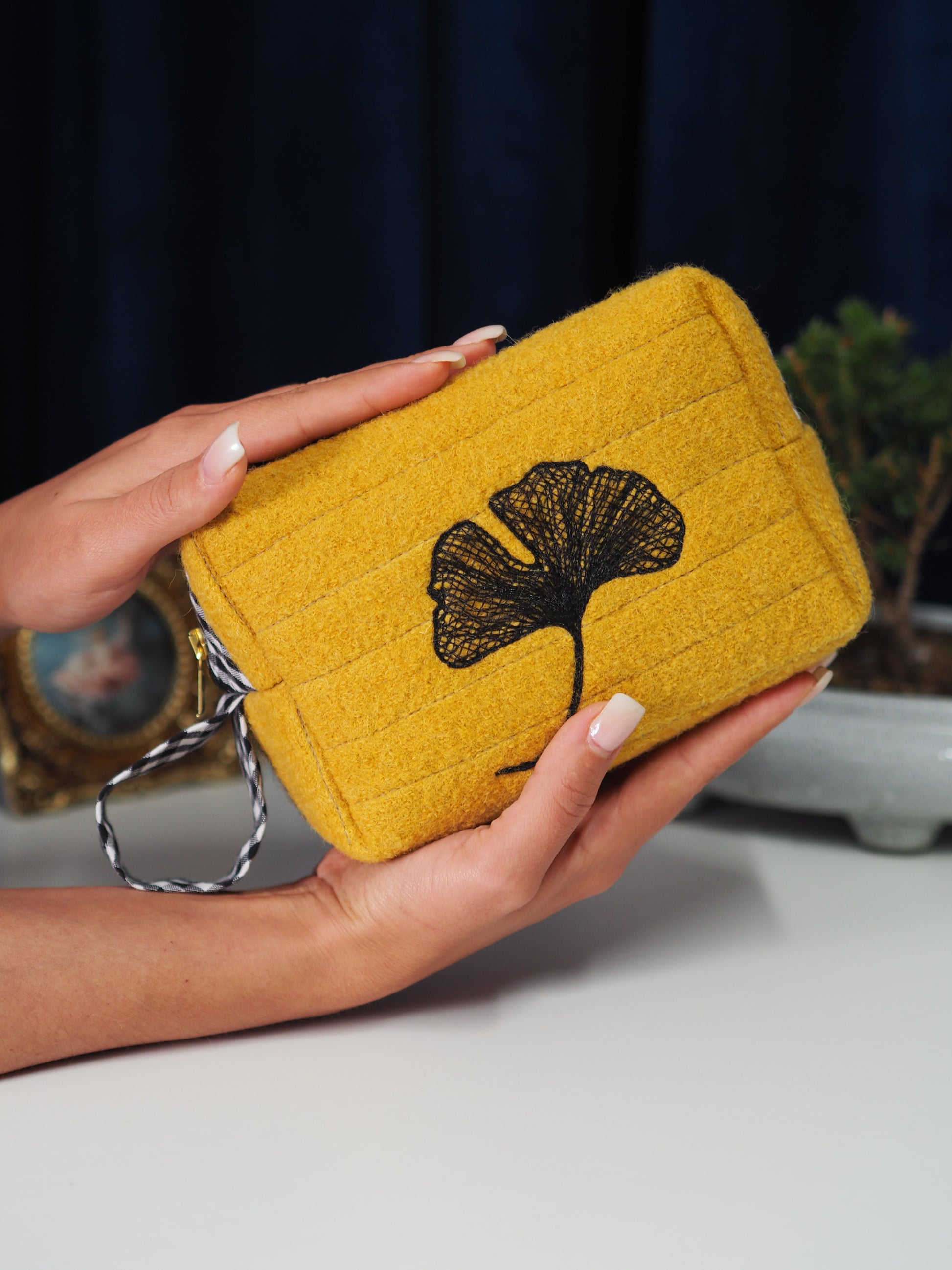 Mustard Yellow Wool Makeup Bag with Gingko Leaf Embroidery