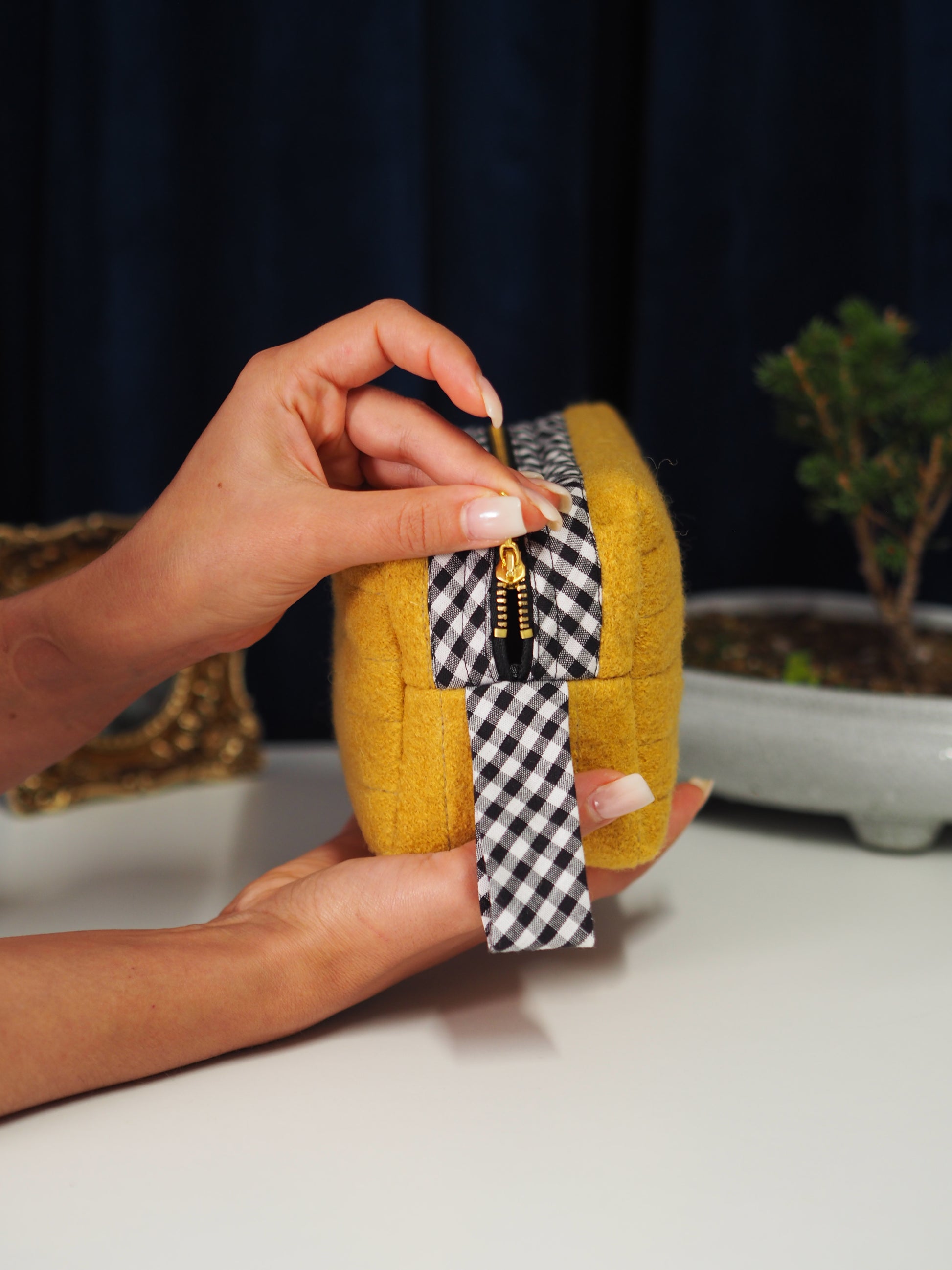 Mustard Yellow Wool Makeup Bag with Gingko Leaf Embroidery