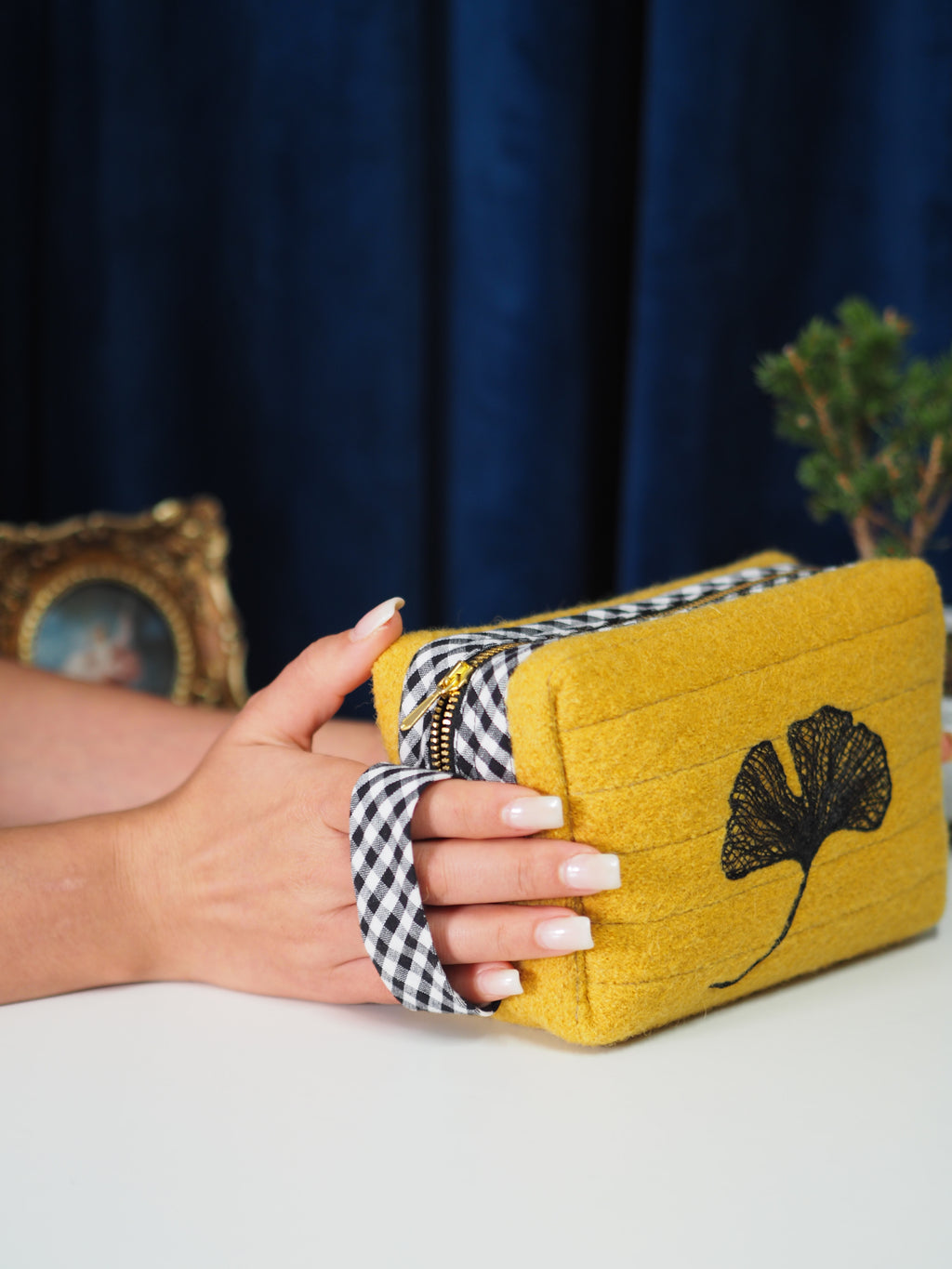 Mustard Yellow Wool Makeup Bag with Gingko Leaf Embroidery