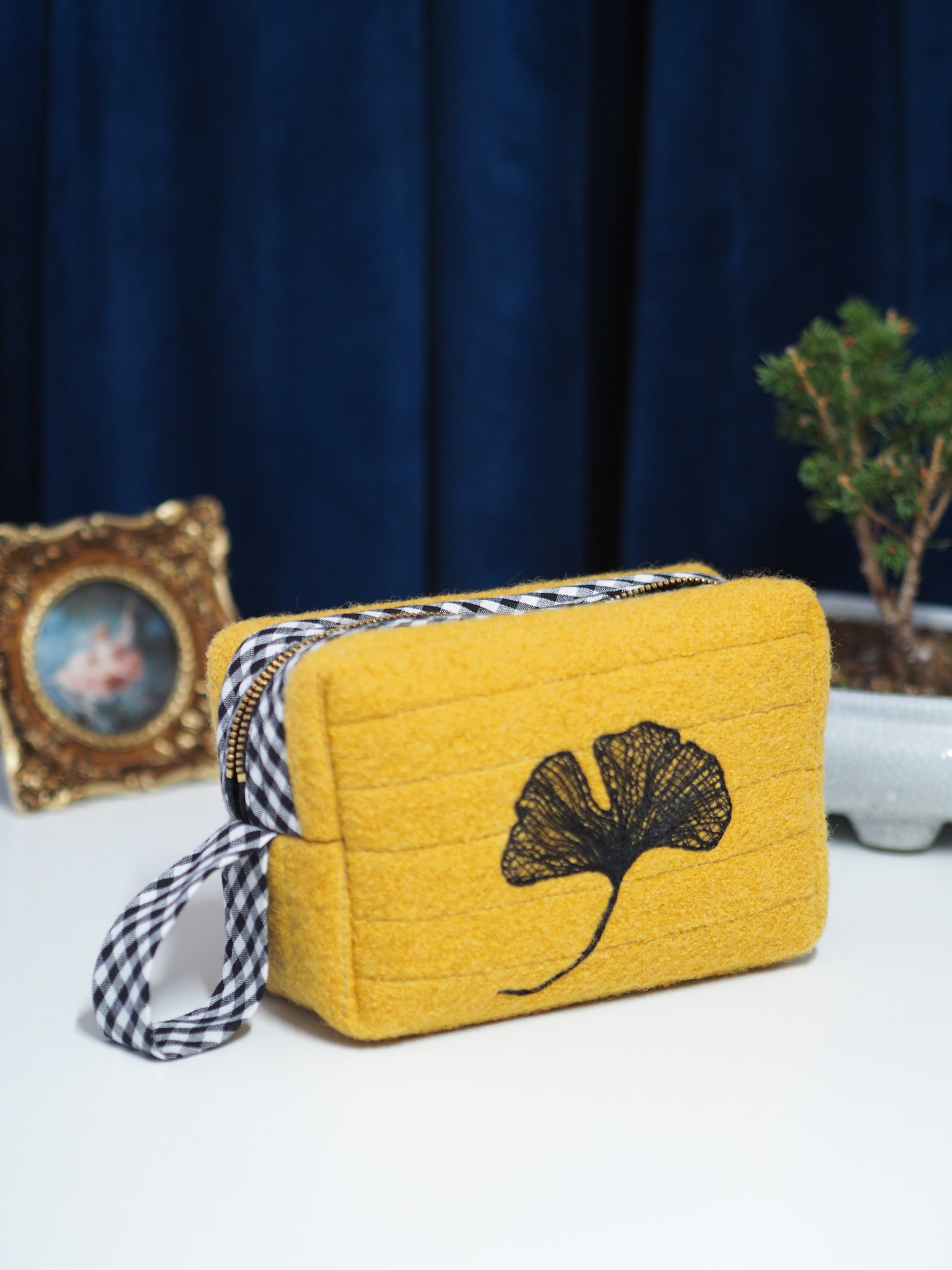 Mustard Yellow Wool Makeup Bag with Gingko Leaf Embroidery