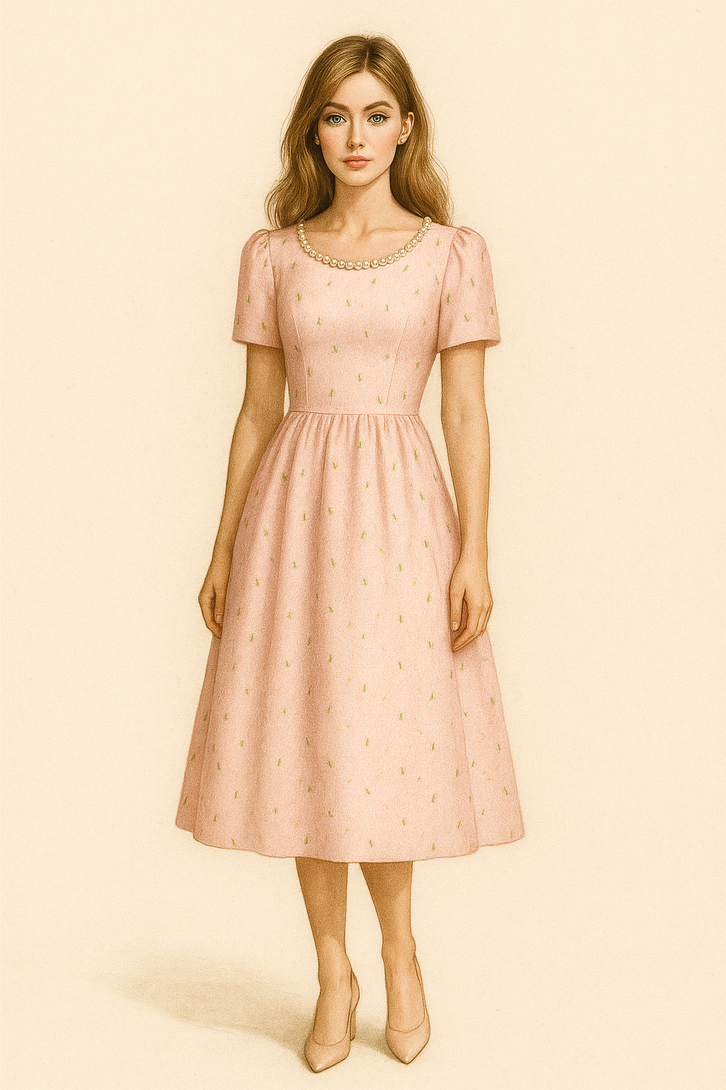 Pink Tea dress with Pearls and Beads Vneck Back Neckline 