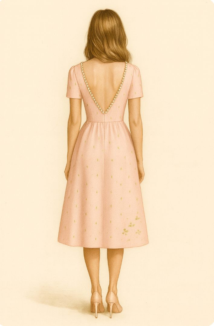 Pink Tea dress with Pearls and Beads Vneck Back Neckline 